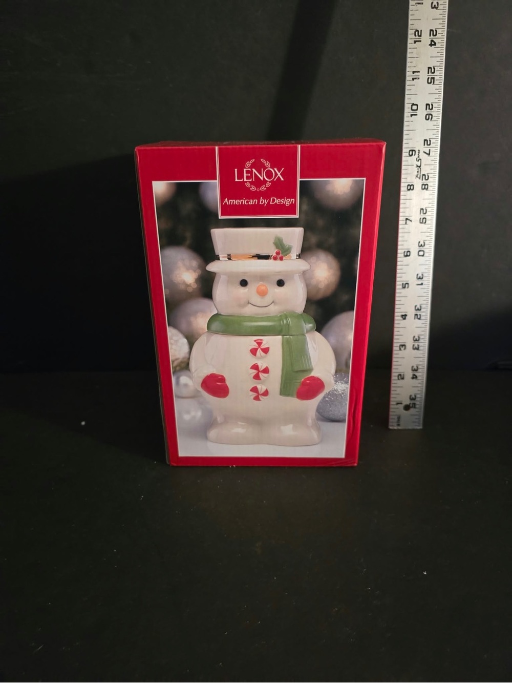 Lenox White Snowman Cookie Jar with Green Scarf and Red Accents (Holiday)